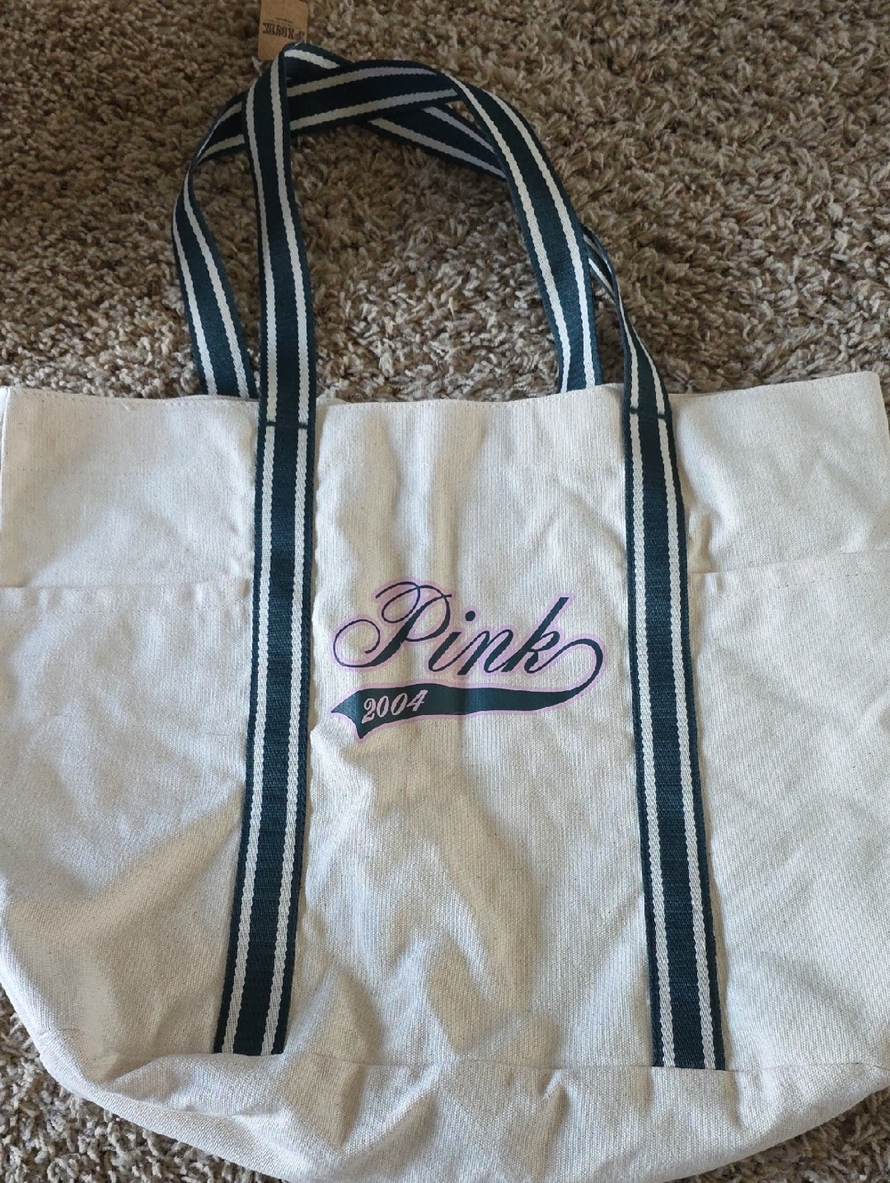 NWT PINK Canvas Tote Bag with Green Straps
